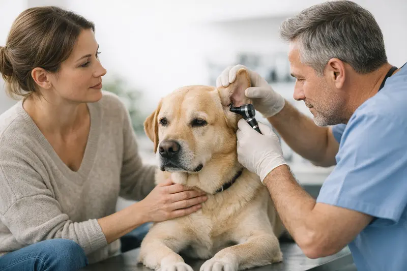 Tierarztbesuch für Hund mit Ohrenentzündung Ein Hund wird beim Tierarzt wegen einer Ohrenentzündung untersucht.