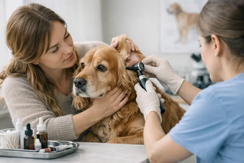 Untersuchung von Hundeohren beim Tierarzt Hundeohren werden vom Tierarzt untersucht, um mögliche Probleme zu diagnostizieren.