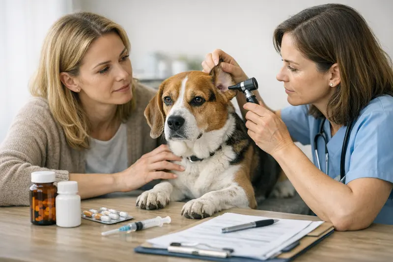 Hund beim Tierarzt Ein Hund beim Tierarzt untersucht, um die Wichtigkeit von Tarifpunkten in der Hundekrankenversicherung zu verdeutlichen.