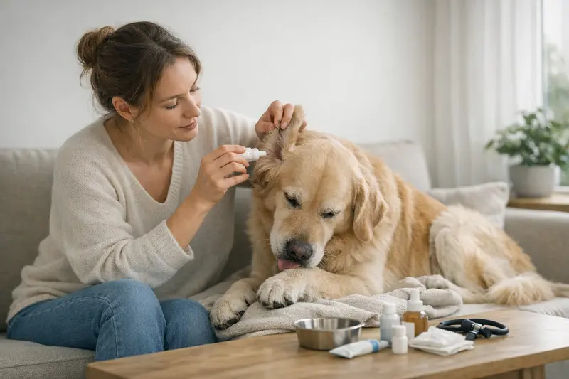 Hund beim Tierarzt mit Versicherungsschutz Ein glücklicher Hund beim Tierarzt mit Tierhalter, der die Vorteile einer umfassenden Versicherung in Betracht zieht.