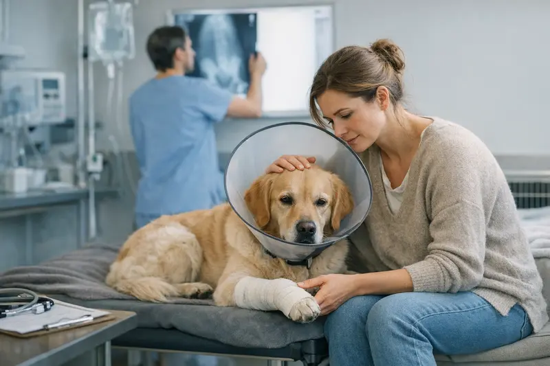 Hund bei einem Tierarztbesuch zur Untersuchung wegen Lahmheit