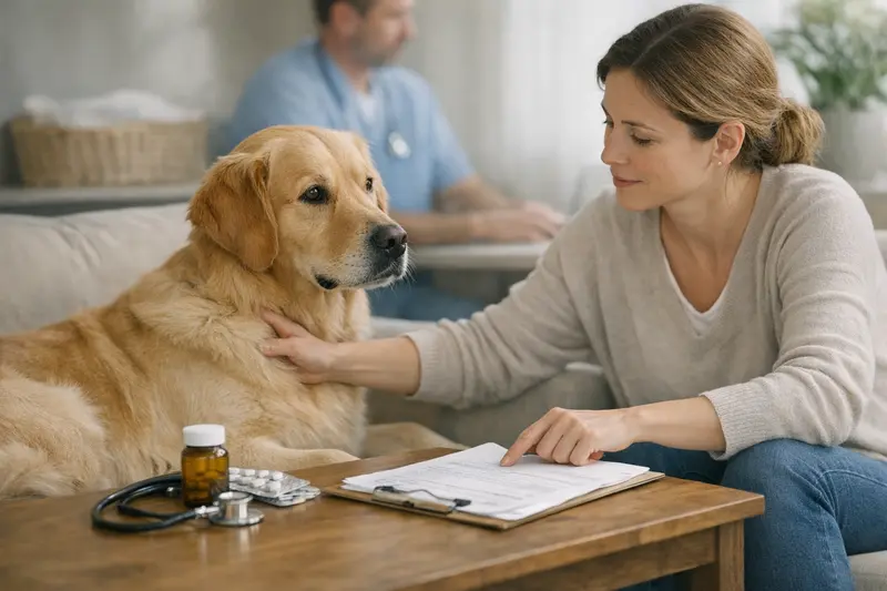 Tarifvergleich Hundeversicherung Hund liegt entspannt auf einem Kissen während sein Besitzer die verschiedenen Tarifoptionen für eine Hundeversicherung vergleicht.