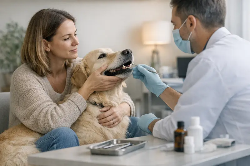 Zahnbehandlung beim Hund Eine Tierärztin, die einem Hund eine Zahnuntersuchung durchführt.