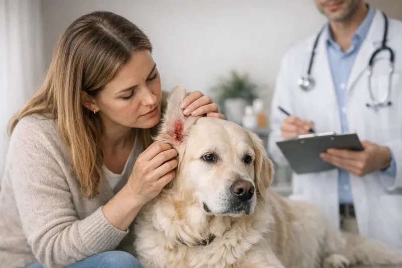 Tierärztliche Untersuchung bei Pflegeproblemen Ein Hund mit tierärztlicher Untersuchung, um Pflegeprobleme zu klären.