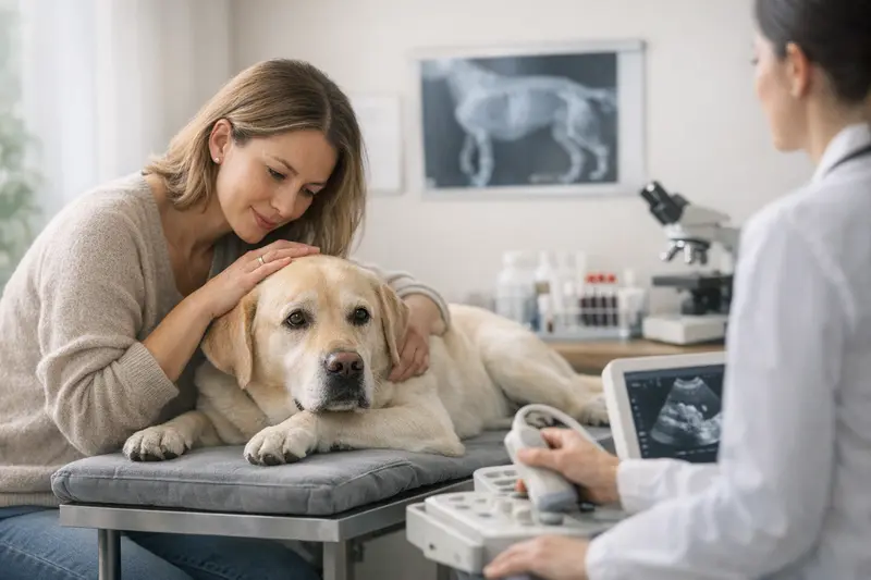 Tierarzt untersucht einen Hund mit Unsicherheiten bei der Diagnostik.