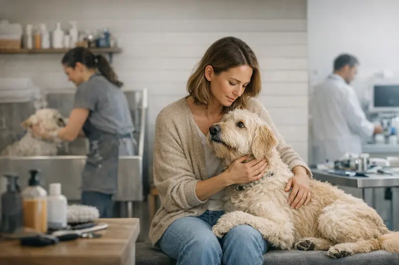 Hundepflege und Versicherung – Was deckt die Tierkrankenversicherung? Hunde bei einer Salonpflege, während ein Besitzer sich über die Tierkrankenversicherung informiert.