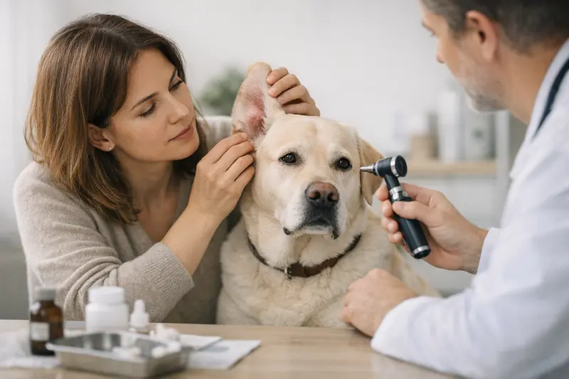Ein Hund wird beim Tierarzt behandelt, während der Besitzer Besorgnis zeigt.