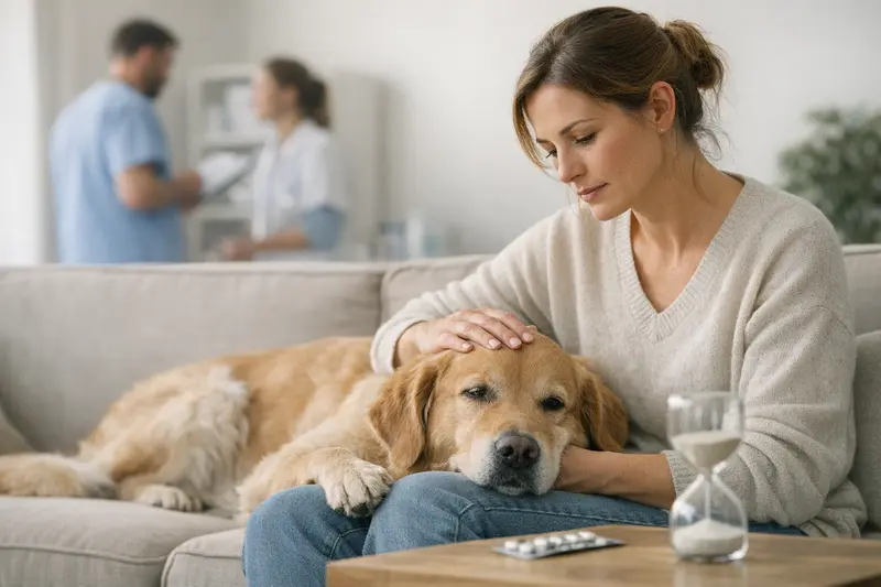 Ein Hund beim Tierarzt, der untersucht wird und ein Besitzer, der sich um die Gesundheit seines Haustieres kümmert.