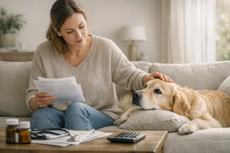 Hundebesitzerin beim Tierarzt Eine engagierte Hundebesitzerin lässt ihren Hund beim Tierarzt untersuchen, um die beste Versicherung abzuwägen.