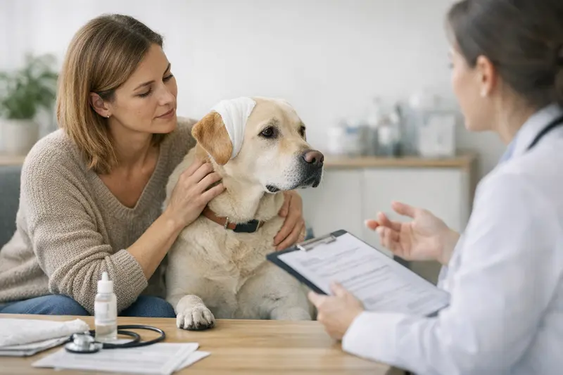 Hund mit Tierarzt für Gesundheitsprüfung und Versicherungsschutz