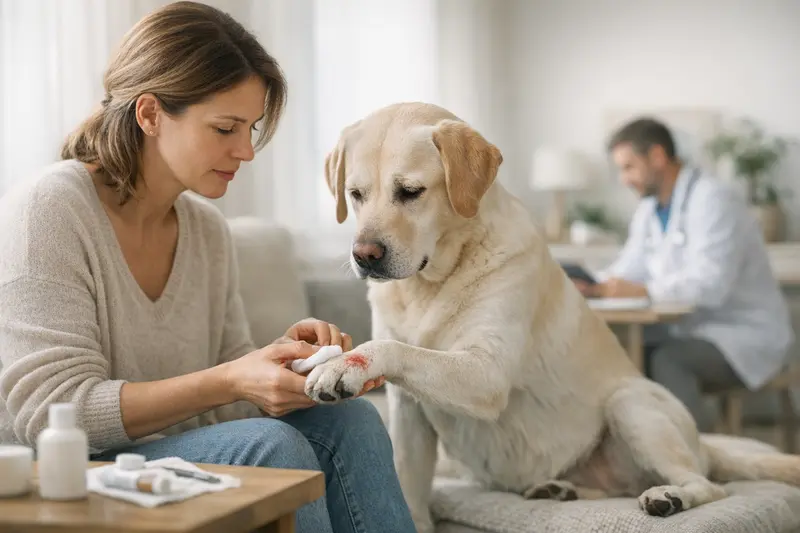 Hund mit Pfotenentzündung beim Tierarzt Ein Hund mit entzündetem Pfotenballen sitzt besorgt im Tierarztpraxis.