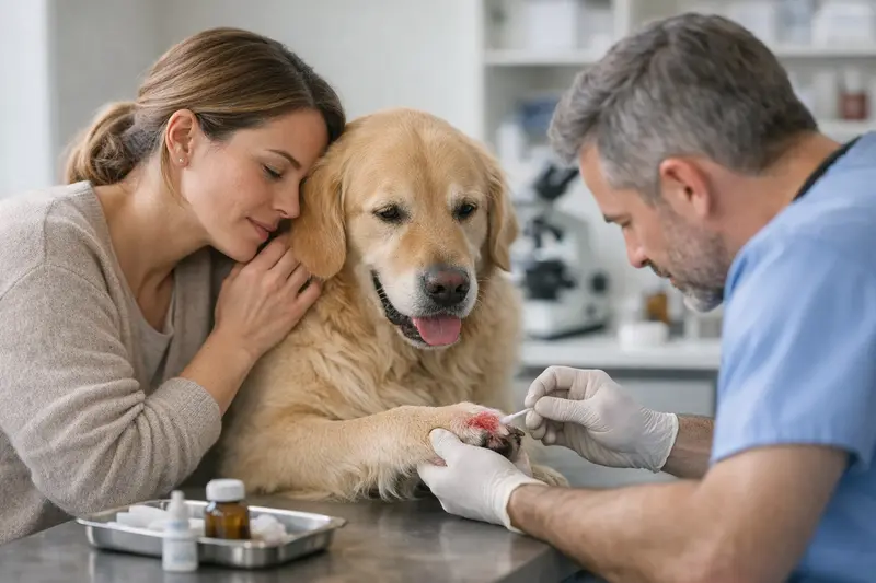 Kosten für Tierarztbesuch bei Pfotenentzündung Tierarzt untersucht einen Hund mit Pfotenentzündung.
