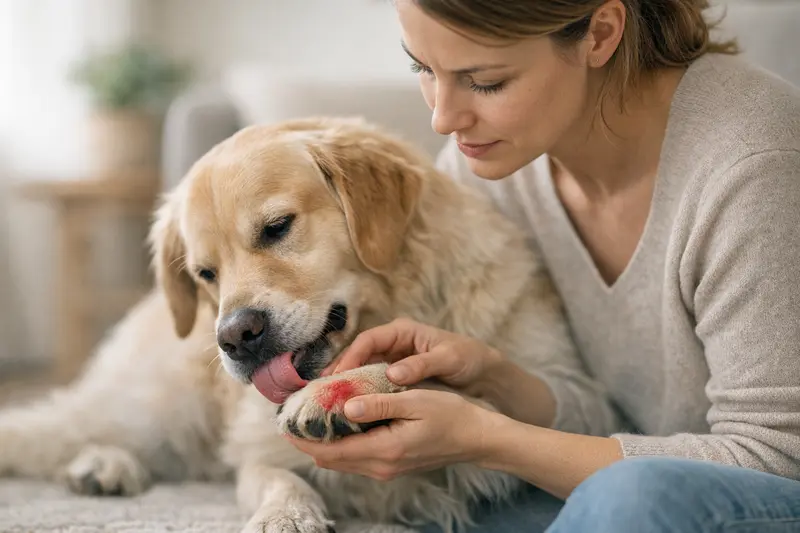 Erkennung von Pfotenentzündungen bei Hunden Hund mit entzündeter Pfote, der von seinem Halter untersucht wird.