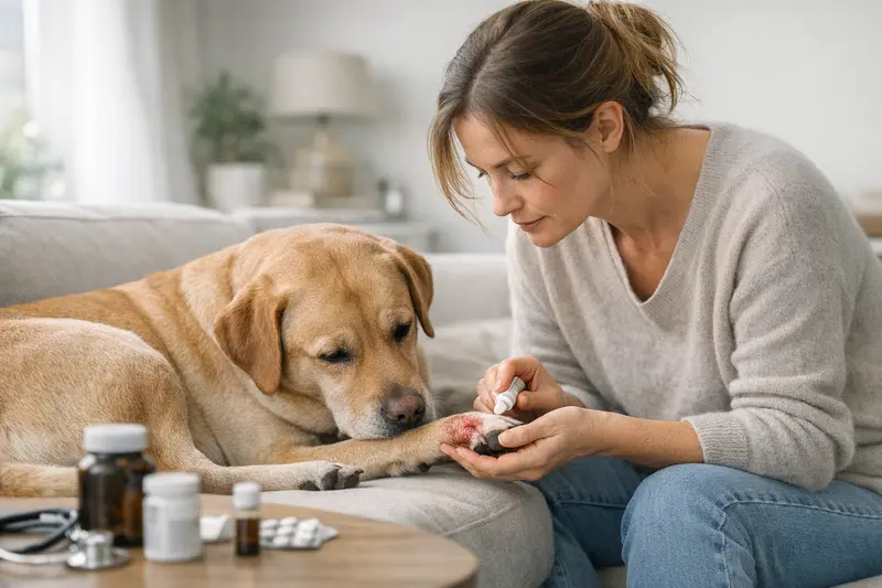 Hundekrankenversicherung Beratung Allergien Hunde mit Allergien oder Hautproblemen beim Tierarzt zur Beratung über passende Krankenversicherungen.