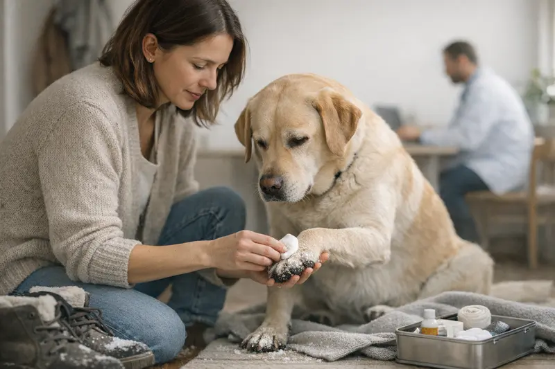 Wartezeiten bei Hundekrankenversicherungen im Winter Hund mit irritierten Pfoten durch Streusalz im Winter zeigt mögliche Winterprobleme.