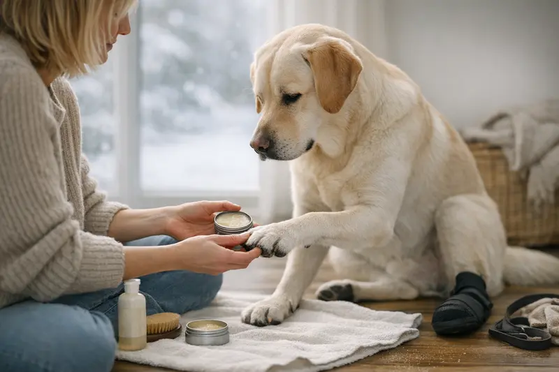 Pfotenschutz und Pflegeprodukte für Hunde Hund mit schützendem Pfotenschutz bei kühlem Wetter