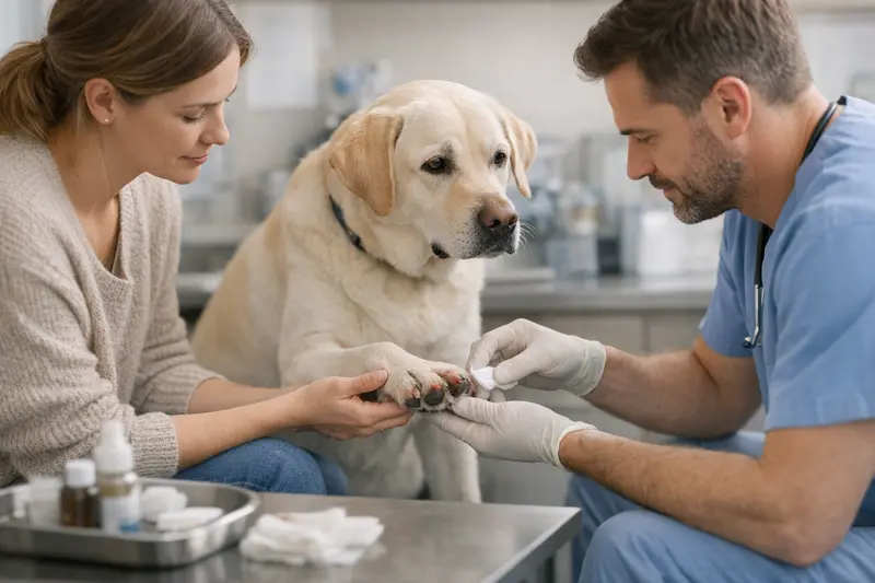Hund mit irritierten Pfoten durch Streusalz nach einem Winterspaziergang.