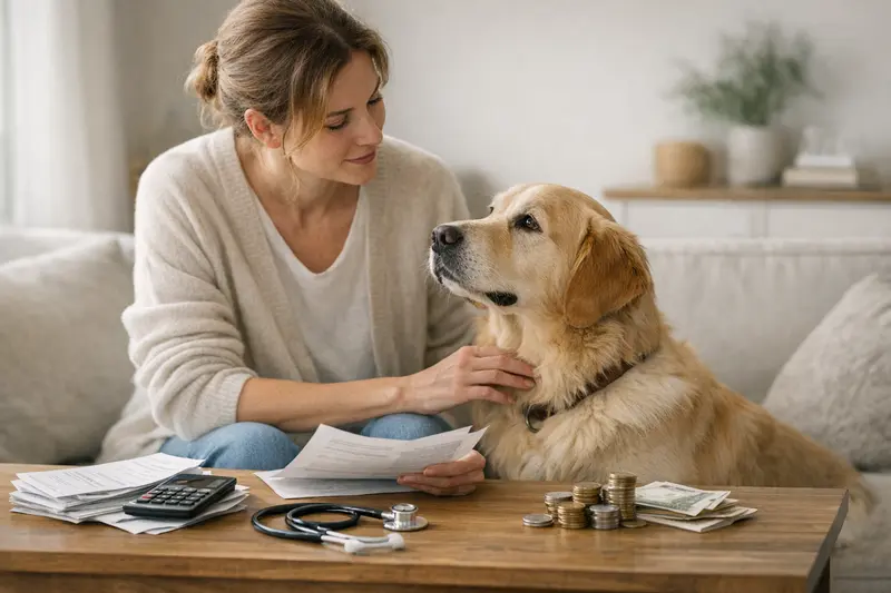 Hund beim Tierarzt Ein Hund beim Tierarzt, der eine Rechnung für eine Behandlung erhält.