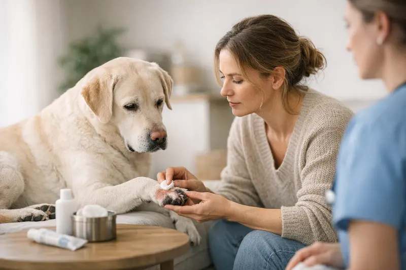 Pfotenprobleme beim Hund Hund mit Pfotenproblemen, der beim Tierarzt untersucht wird