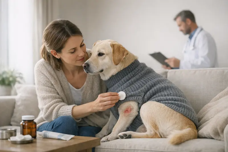Tierarztgespräch zur Tierkrankenversicherung Hundehalterin spricht mit Tierarzt über die Versicherungsschutzmöglichkeiten für Hautentzündungen bei Hunden.