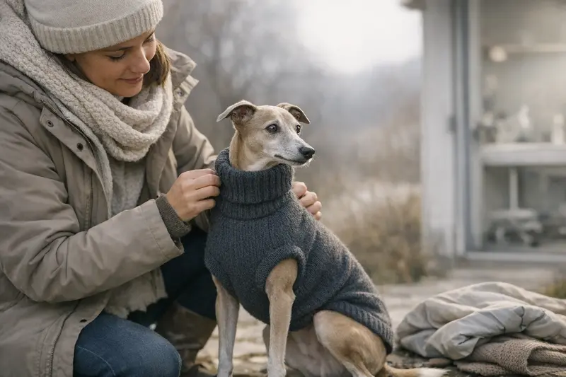 Ein Hund mit einem warmen Pullover, der bei kaltem Wetter draußen spazieren geht.