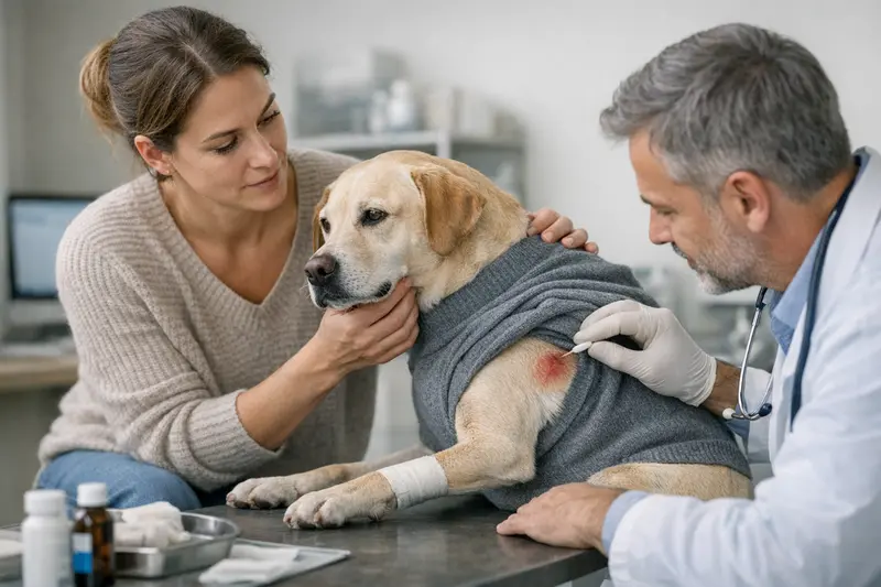 Tierarztkosten bei Hundescheuerstellen Ein Hund mit Scheuerstellen wird von einem Tierarzt untersucht.