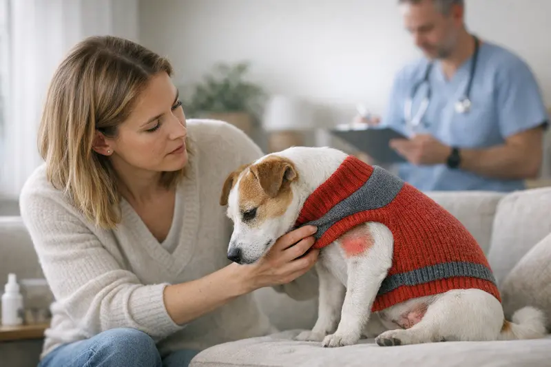 Ein Hund trägt einen Pullover, der zu eng sitzt und deutlich Druckstellen am Hals verursacht.