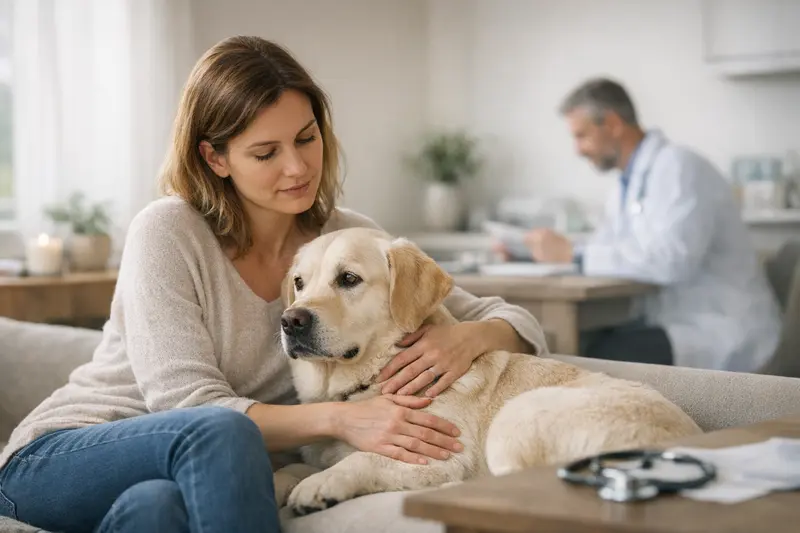 Ein zufriedener Hund beim Tierarzt zeigt die Bedeutung der Wartezeit in der Hundeversicherung.
