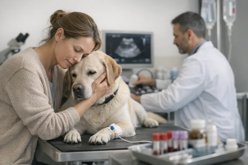 Eine Tierärztin überprüft einen Hund vor einer Operation.