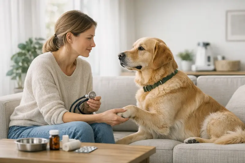 Ein Hund beim Tierarzt, der eine Vorsorgeuntersuchung erhält.