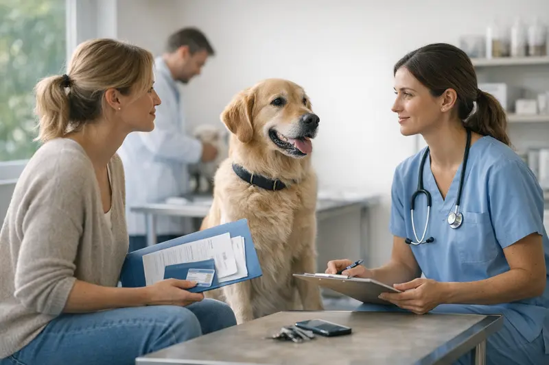 Hund beim Tierarzt mit Hundebetreuer Ein Hund beim Tierarzt, während der Hundebetreuer dabei ist.