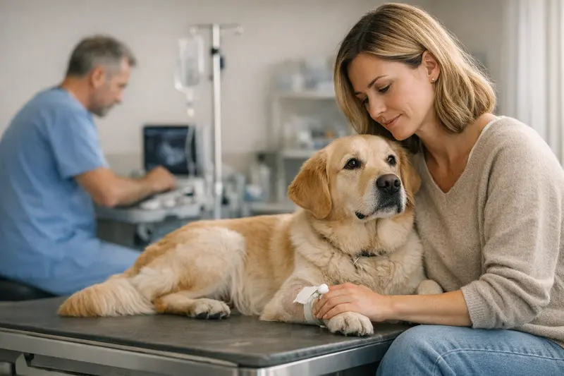 Voruntersuchung beim Tierarzt für Hunde Ein Hundewelpe erhält eine Voruntersuchung beim Tierarzt vor einer geplanten Operation.