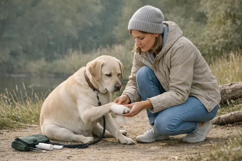 Hundedame mit Halterin auf einem entspannten Spaziergang im Park, symbolisiert die Risiken bei alltäglichen Aktivitäten.