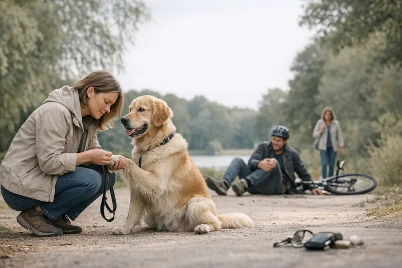 Ein Hundebesitzer mit seinem Hund beim Spaziergang im Park, symbolisiert die Wichtigkeit von Hundeversicherungen.