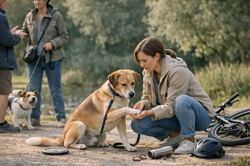 Hundehaftpflicht und Risiken beim Spaziergang Ein Hundebesitzer, der mit seinem Hund an der Leine spazieren geht und auf mögliche Risiken achten sollte.