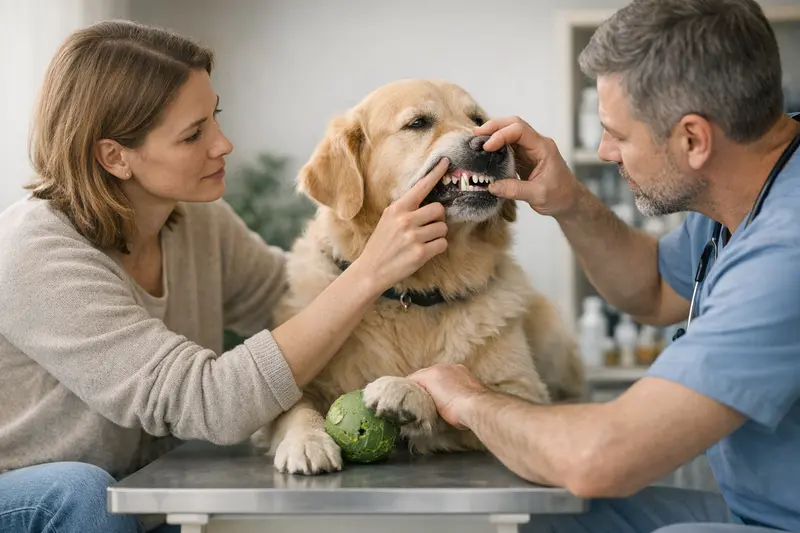 Zahnschäden bei Hunden durch Spielzeug Hunde spielen mit einem Ball und zeigen ihre Zähne.