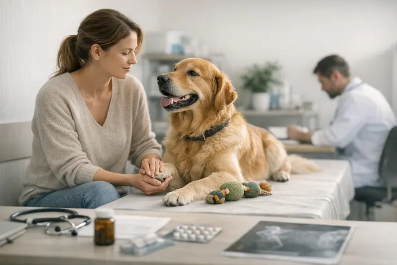 Hund bei der Untersuchung durch einen Tierarzt, um auf Sicherheit beim Abschluss einer Versicherung hinzuweisen.