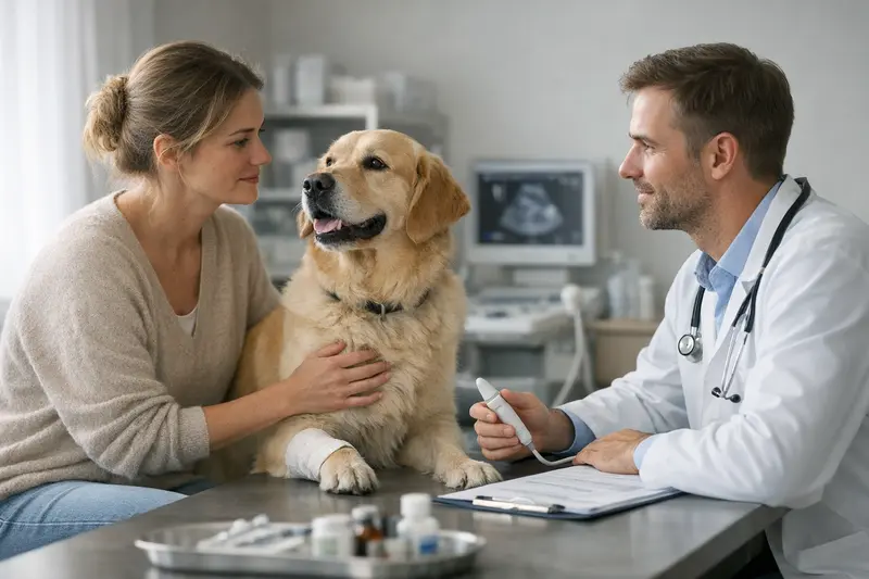 Ein Hundebesitzer beim Tierarzt, während er sich über mögliche Behandlungen und Versicherungsleistungen informiert.