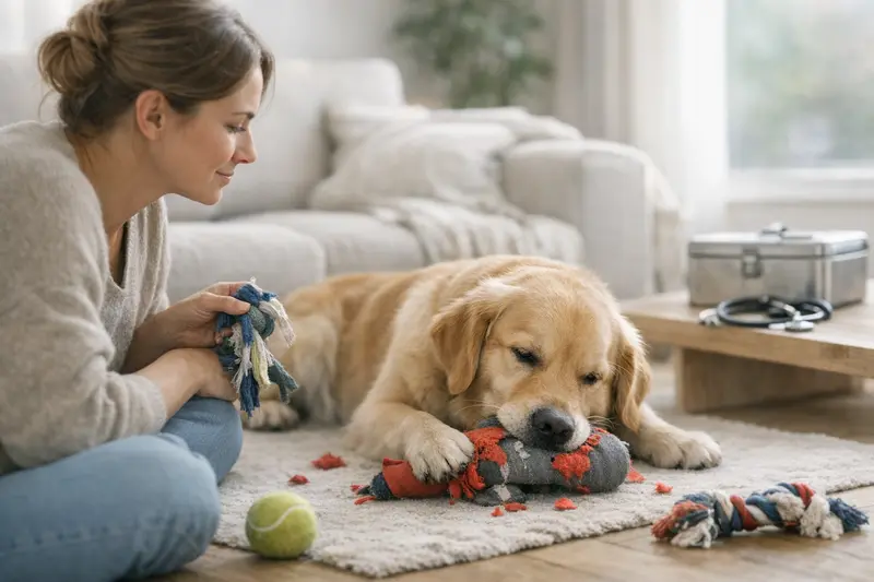 Selbstgemachtes Hundespielzeug auf einem Holztisch, sicher und kreativ gestaltet.