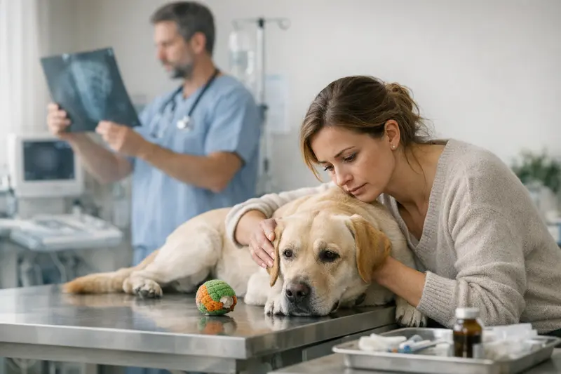 Ein Hund liegt auf der Untersuchungsliege beim Tierarzt zur Diagnose nach dem Verschlucken eines Spielzeugs.