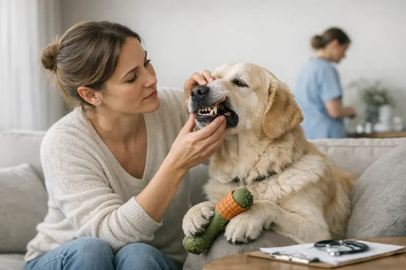 Ein Hundebesitzer spricht mit einem Tierarzt über Zahn- und Maulprobleme seines Hundes.