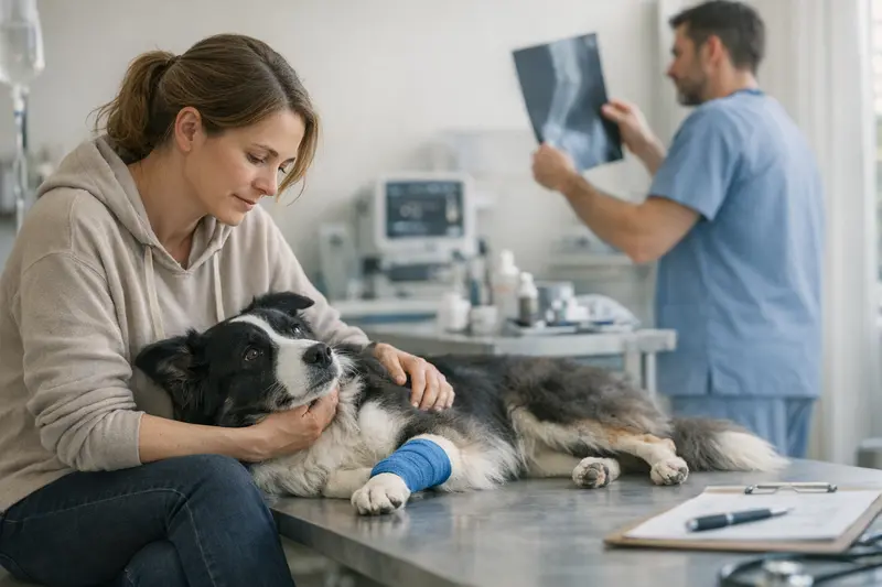 Tierarzt untersucht einen verletzten Hund nach Agility-Training