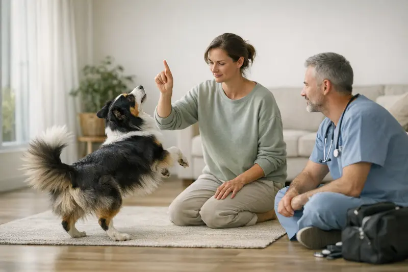 Ein Hund beim Dogdance-Training auf einem rutschfesten Untergrund, der mit Begeisterung zeigt, was er gelernt hat.
