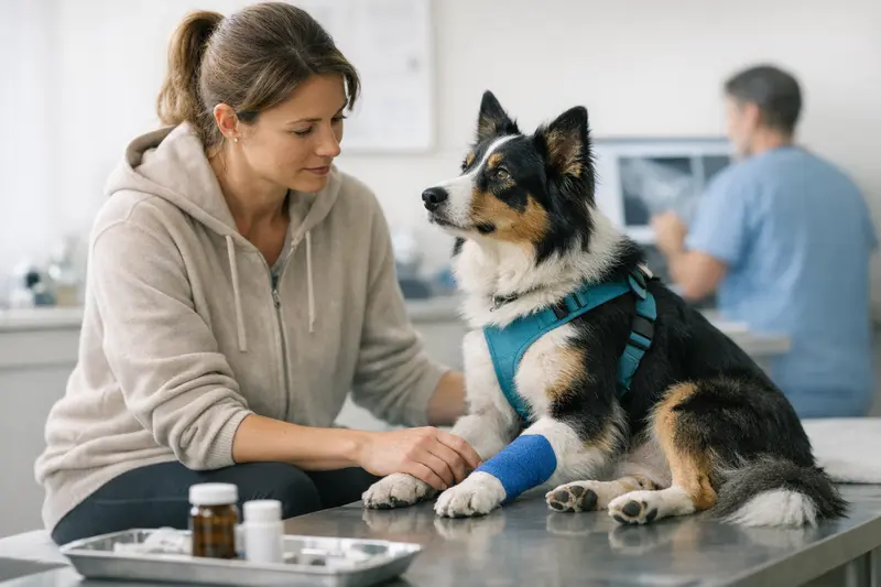 Sportlich aktiver Hund beim Tierarzt für eine Untersuchung nach einem Unfall.