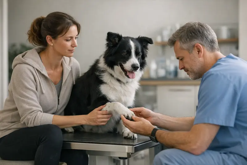 Tierarztcheck nach Training Ein Hund wird nach dem Training von einem Tierarzt untersucht, um Verletzungen auszuschließen.