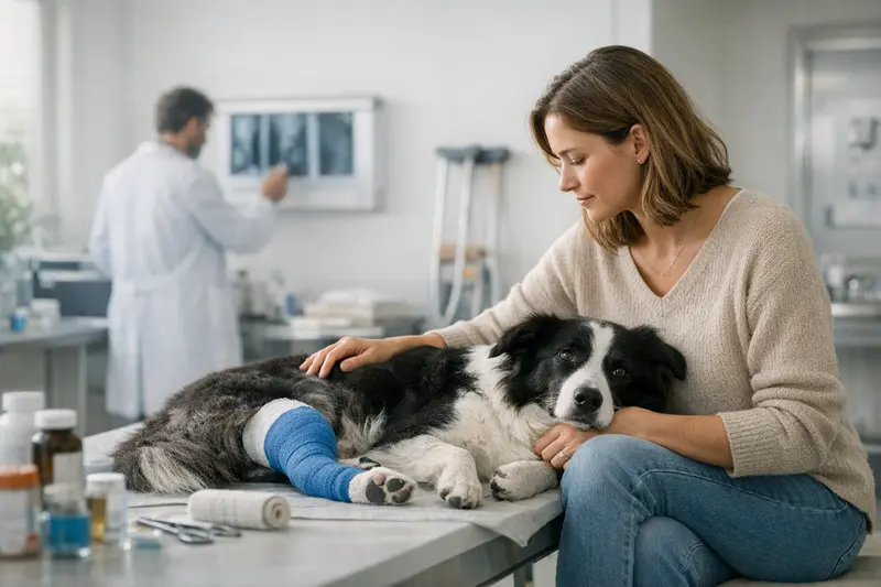 Tierarztkosten nach Hundesportverletzung Tierarzt bei der Untersuchung eines Hundes nach einer Sportverletzung, um die Diagnose zu stellen.