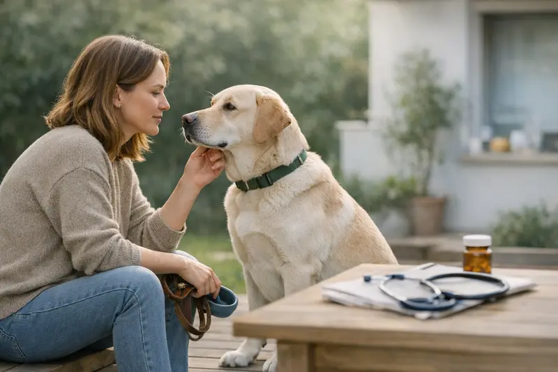 Hundehalter, der mit seinem Hund beim Tierarzt Vorsorgeuntersuchungen durchführt, um künftige Kosten zu minimieren.