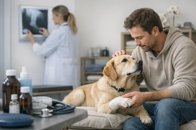 Tierarztkosten bei Hundeverletzungen Ein Hund erhält eine tierärztliche Behandlung zur Abklärung von Verletzungen.