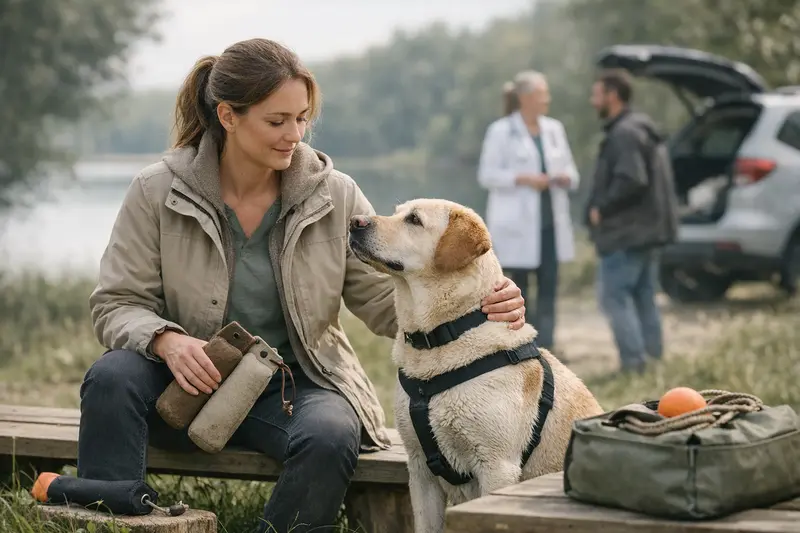 Hund beim Tierarzt zur Selbstbeteiligungsberatung Ein fröhlicher Hund bei einem Tierarzt, der über die passende Selbstbeteiligung seiner Versicherung informiert wird.