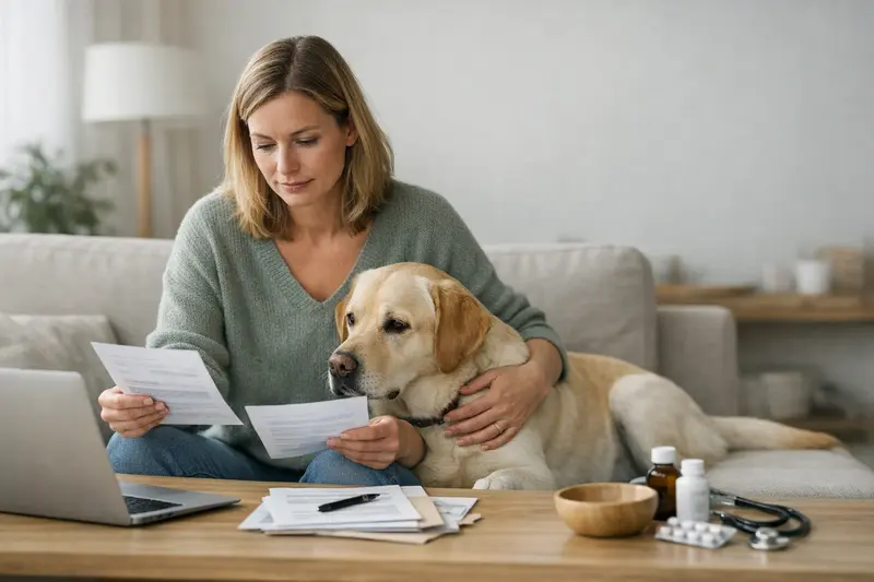 Ein Hund steht in einer Tierarztpraxis, während der Halter Informationen zu Versicherungstarifen einholt.